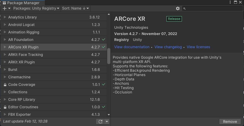 Package Manager per ARCore e AR Foundation