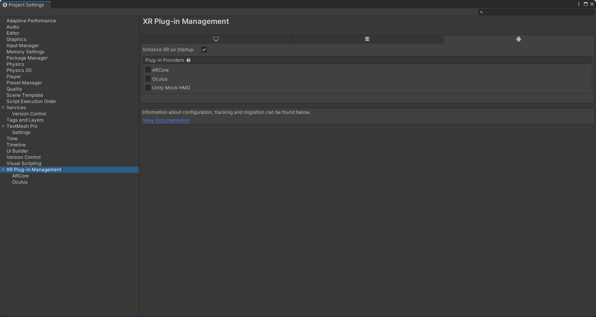 Configurazione XR Plug-in Management