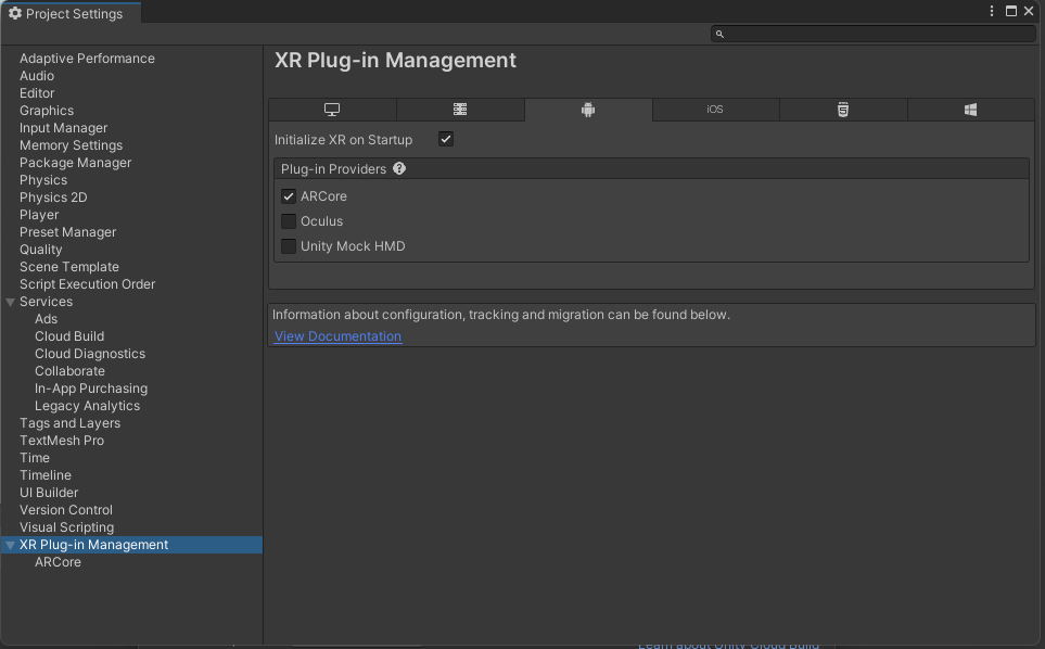 Unity Settings XR Plug-in Management
