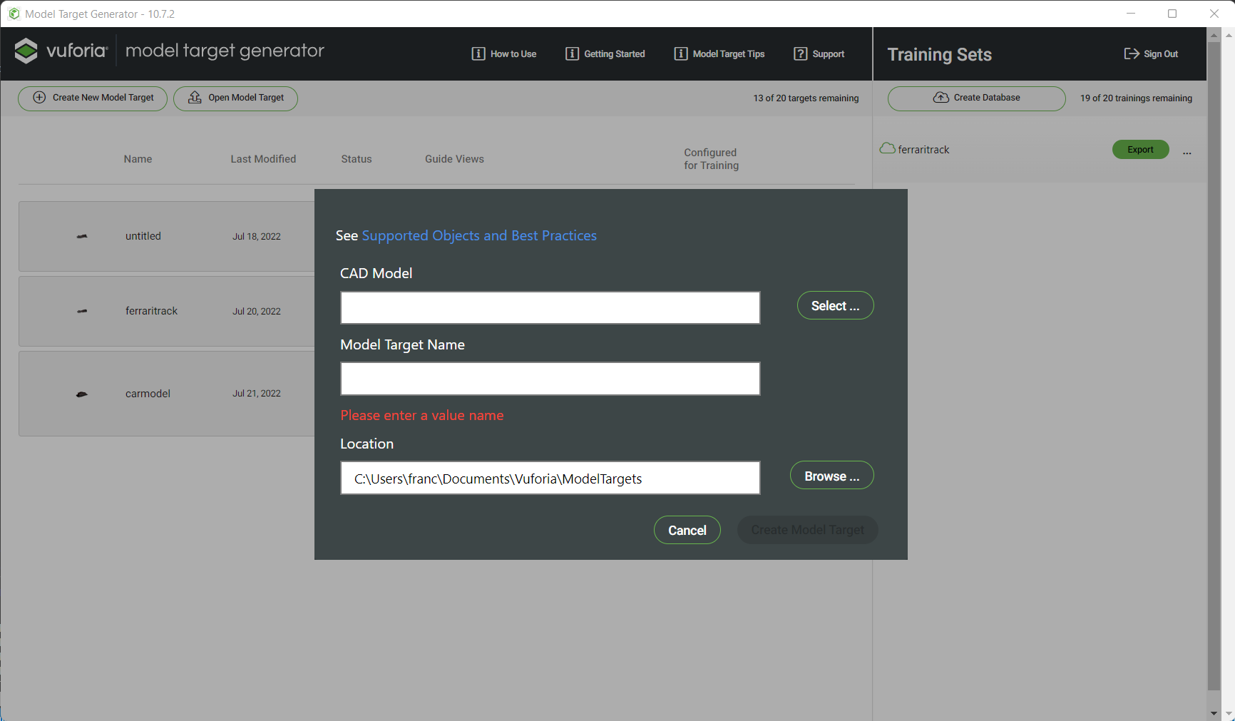 Creazione progetto Model Target Generator